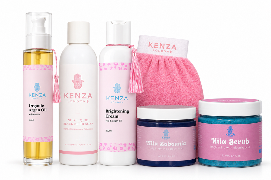 Kenza London Nila Brightening Body Ritual: Moroccan hammam black beldi soap, kessa glove, glycolic scrub, Sabounia soap and finish
